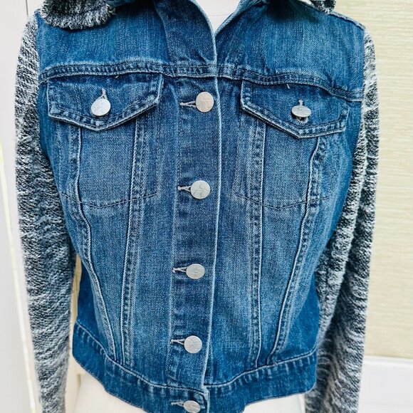 Y2K Jessica Simpson Jean Jacket Denim and Knit Black White Removable Hood Size S - Picture 3 of 5